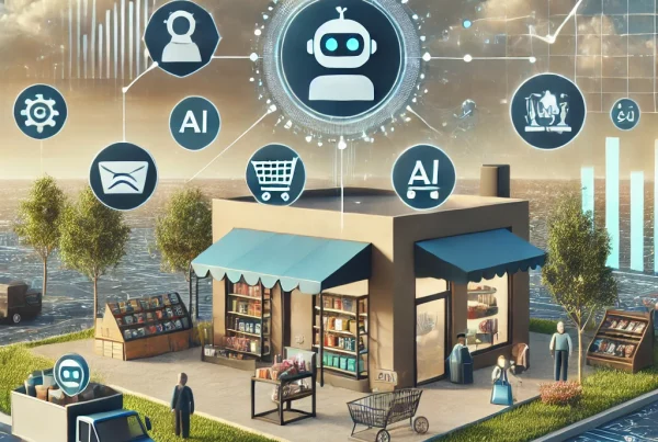 A landscape image that mixes graphical and realistic elements to show AI enhancing business sales. The scene includes a small to medium-sized retail