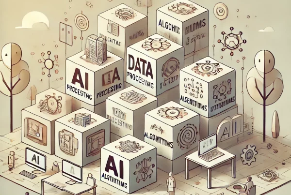 A landscape image illustrating 'The Building Blocks of AI,' showing a simplified, text-free design. The scene features stacked icons or blocks represe