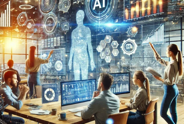 A visually dynamic image showing a marketing team collaborating with AI technology in a modern office. The setting includes holographic screens displa