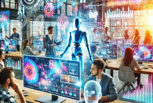 A vibrant and modern office setting where a creative team collaborates using AI-driven multimedia tools. The scene features designers and marketers wo