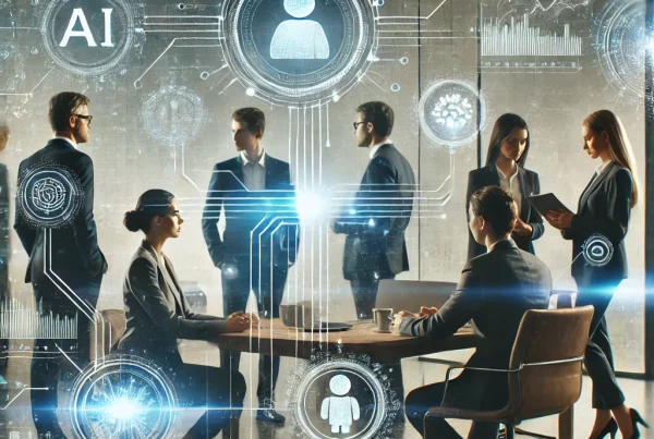 A modern office setting where a business team collaborates with AI-driven technology. The image should include a diverse group of people in discussion