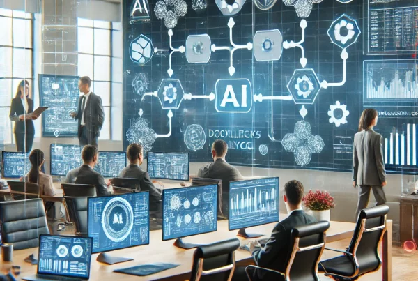 A modern office scene where AI-driven process analysis is being visualized. The setting includes a large digital screen displaying a complex workflow