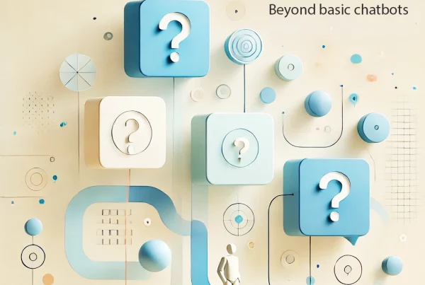 A modern minimalist blog header image for 'Automated FAQ Systems_ Beyond Basic Chatbots.' The background features warm cream