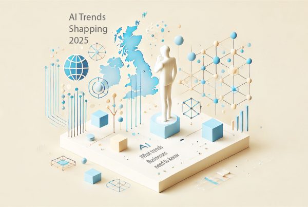 DALL·E 2024-12-05 10.18.23 - A modern minimalist blog header image for 'AI Trends Shaping 2025_ What UK Businesses Need to Know.' The design features warm cream (#fcf3e1) as the b
